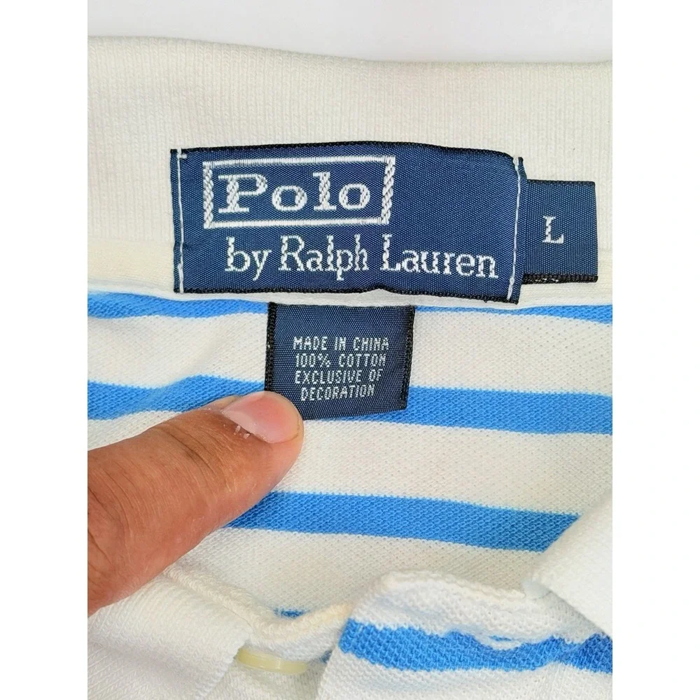 Vintage Polo Ralph Lauren Men's L Blue White‎ Striped Pony Polo Shirt Cotton